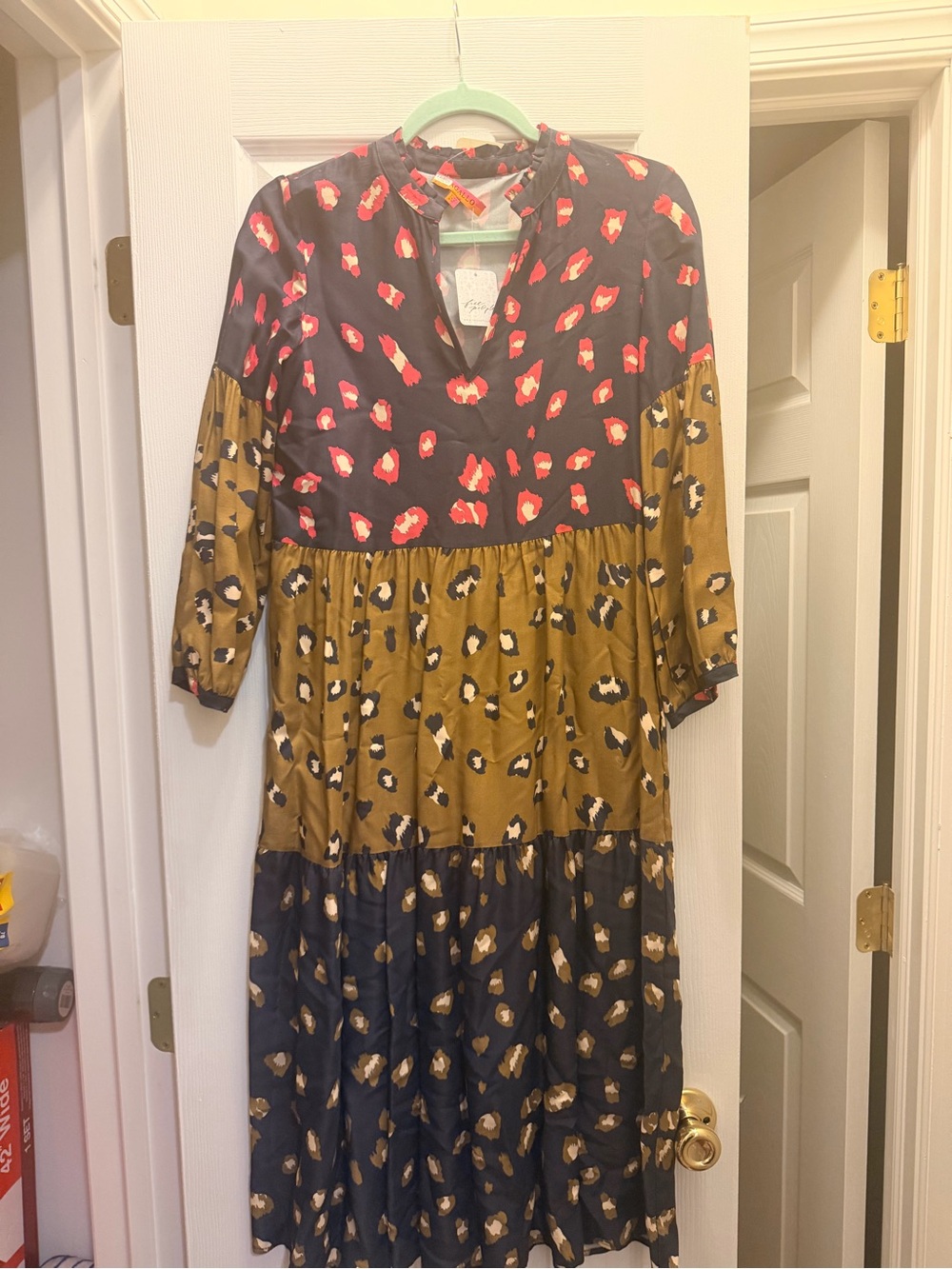 Free People Mixed-Print Tiered Midi Dress in Black, Mustard & Pink